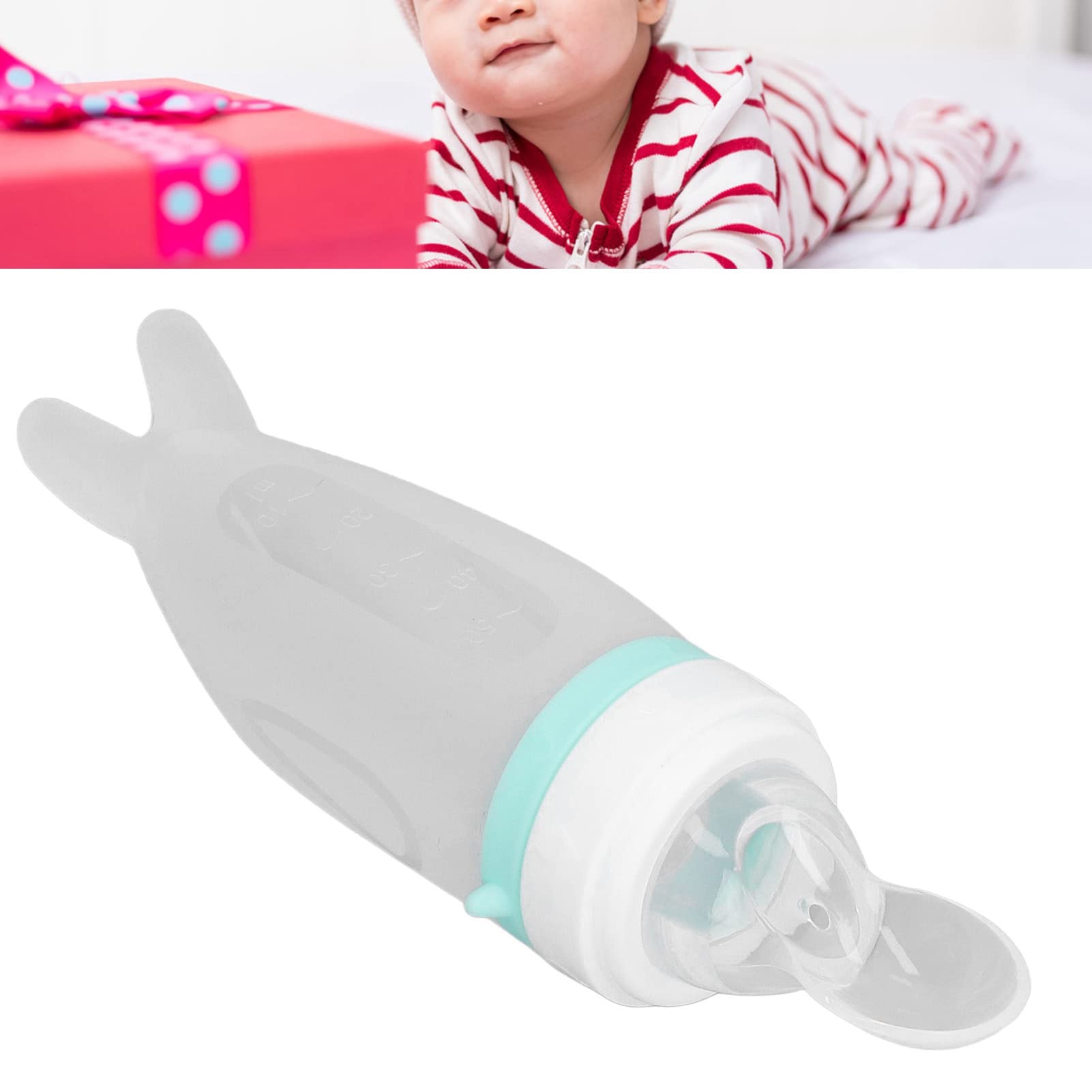 Baby Silicone Food Feeder, Spoon Bottle for Baby, Cute Shape Soft Integrated Design Green Silicone Baby Squeeze Bottle Dustproof Lid for Vegetable Paste