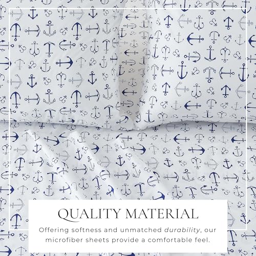 Image of Great Bay Home Queen Coastal Microfiber Sheet Set - 4-Piece Nautical-Printed, Ultra-Soft Sheets - Beach-Themed Bedding Sheets & Pillowcases (Anchor)