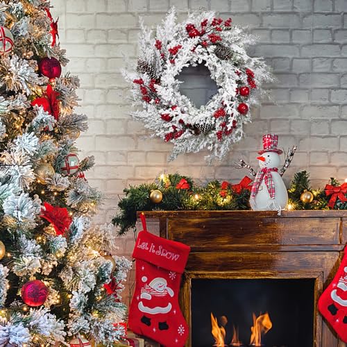GAOMON 18 Inch Artificial Christmas Wreaths for Front Door, Snow Flocked Christmas Wreath with Red Berry, Little Red Apples and Pine Cones for Xmas Hanging Decorations Indoor Outside Decor