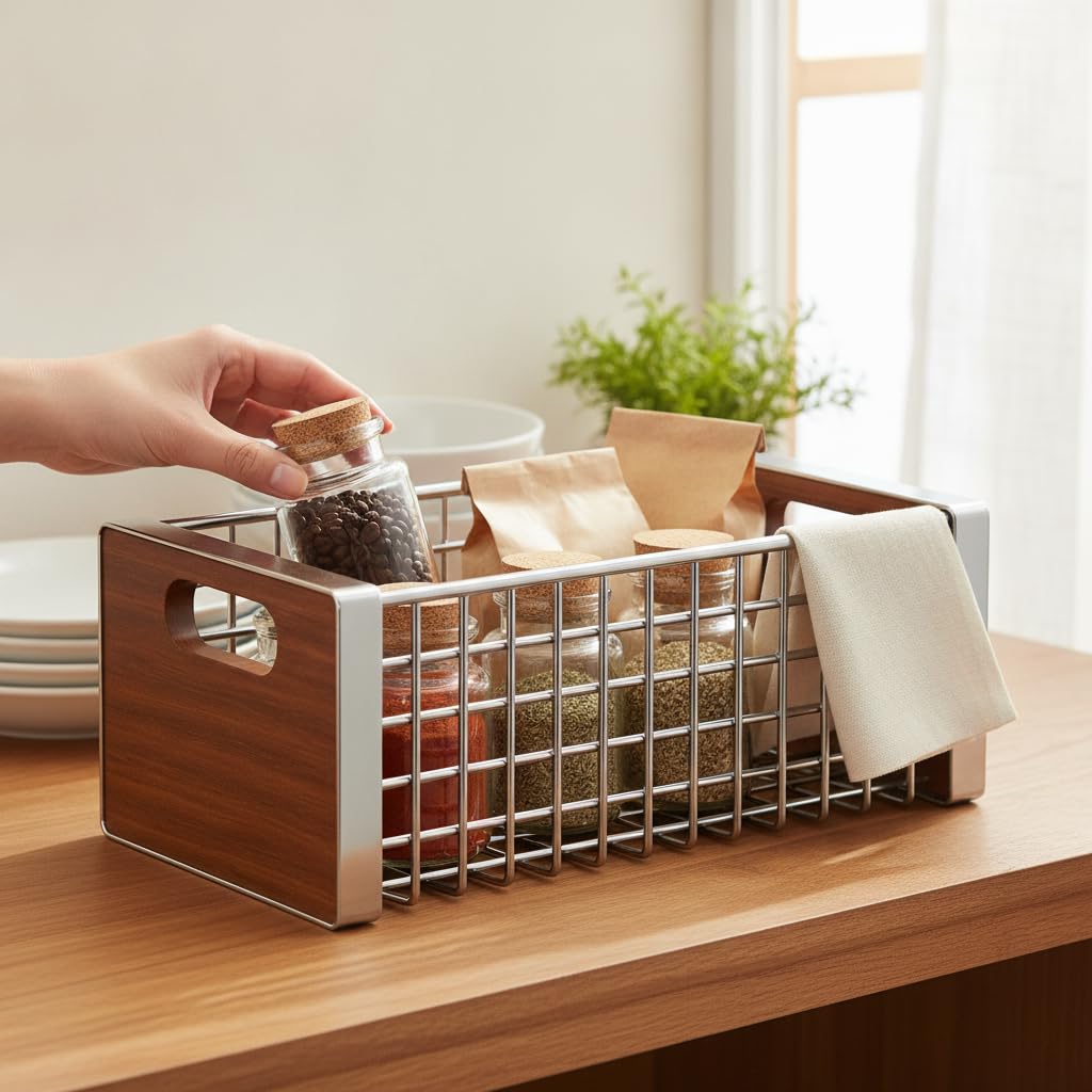 Cesta organizadora metal retro con para el hogar, para la cocina - para el baño, Estante de almacenamiento de aperitivos pequeño galvanizado - 1 nivel - tablero de madera