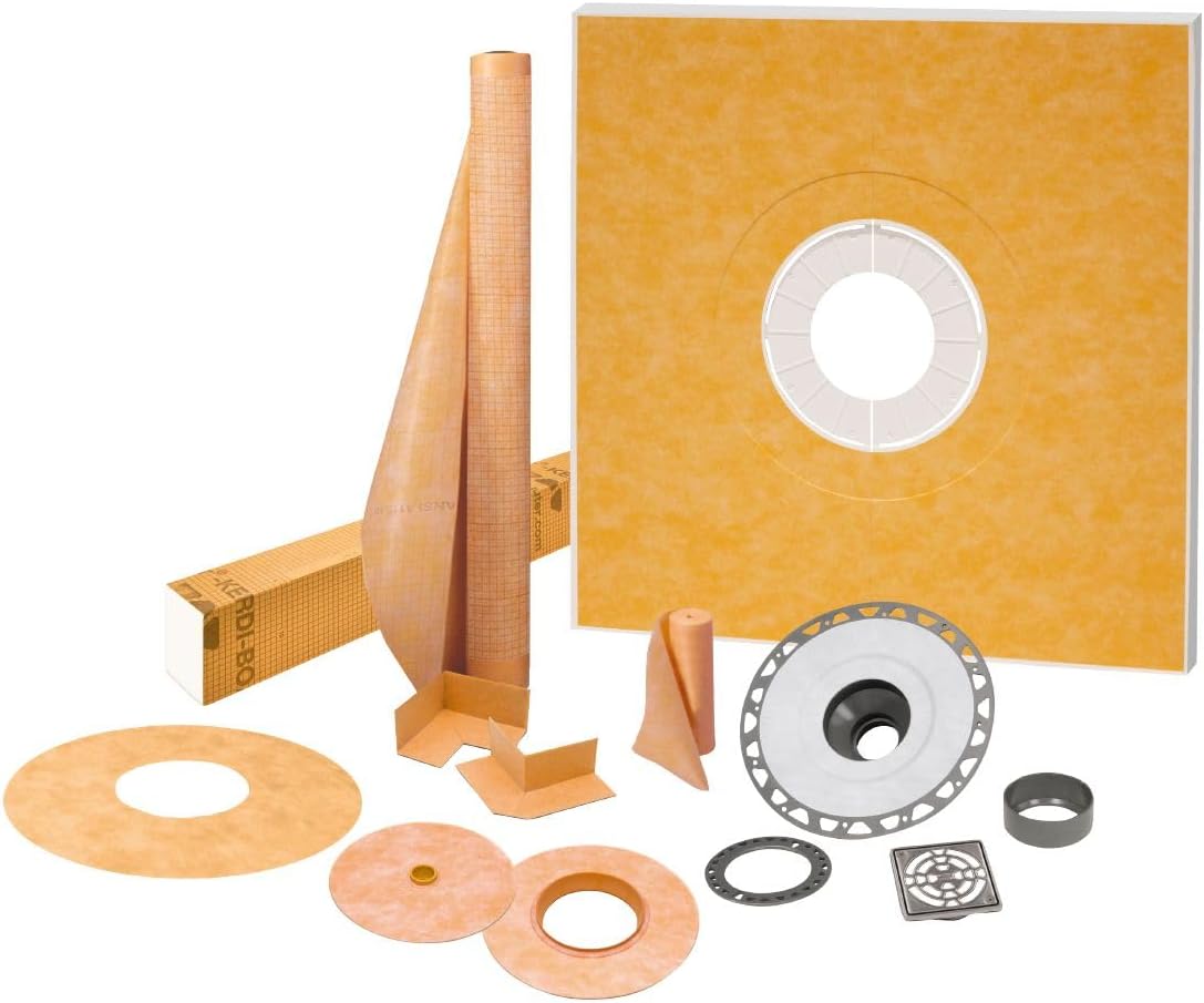 Kerdi Shower Kit with Shower Tray, Curb, Waterproofing Membrane, Strips, and Seals - Waterproofing System for Showers - PVC Plastic, Center Outlet Position, 48" x 48" Tray Size - KSK1220PVCE