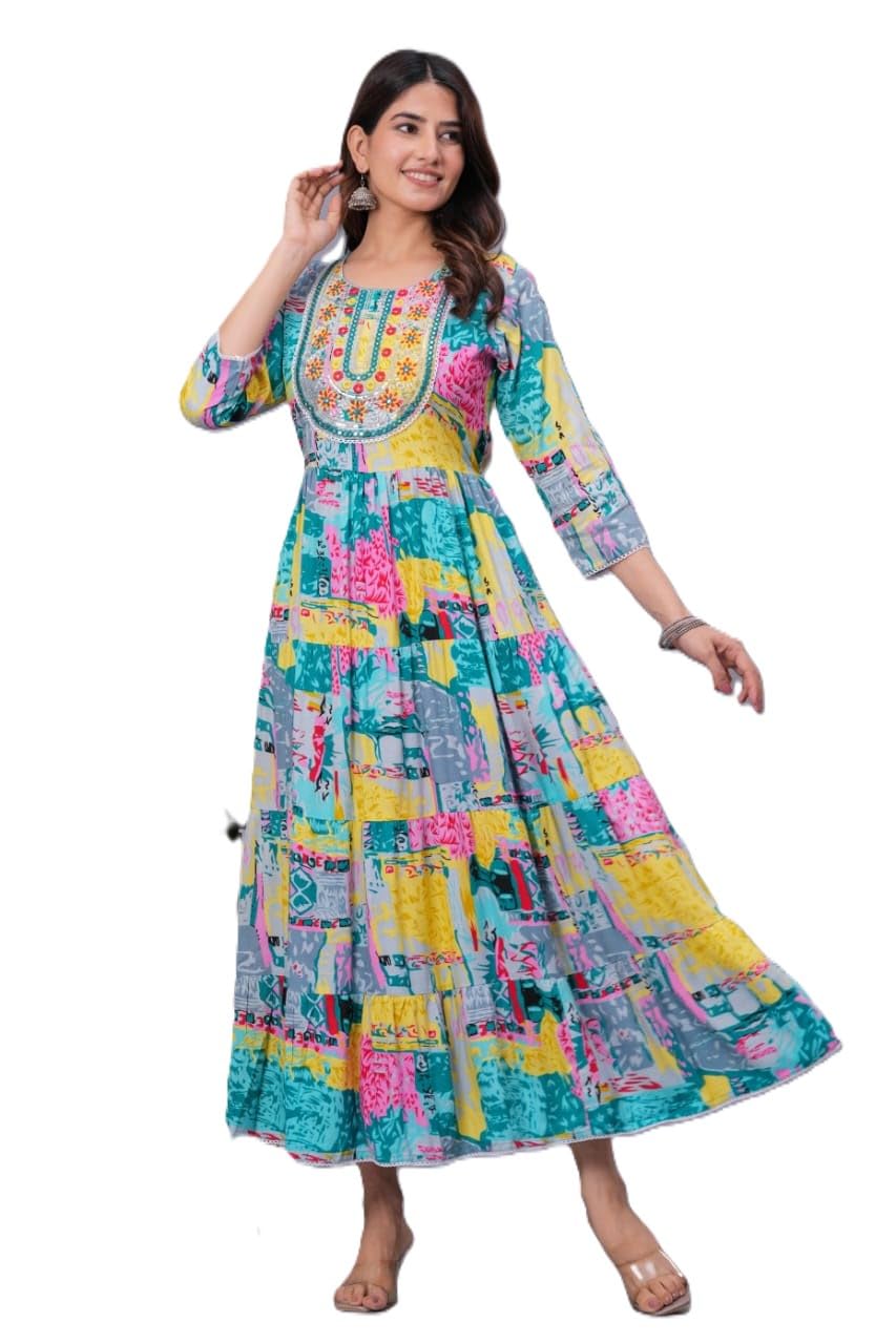 Women's Multicolour Maternity Printed Anarkali Tiered Gown, Embroidered Neckline, 3/4 Sleeves, Ethnic-image-35