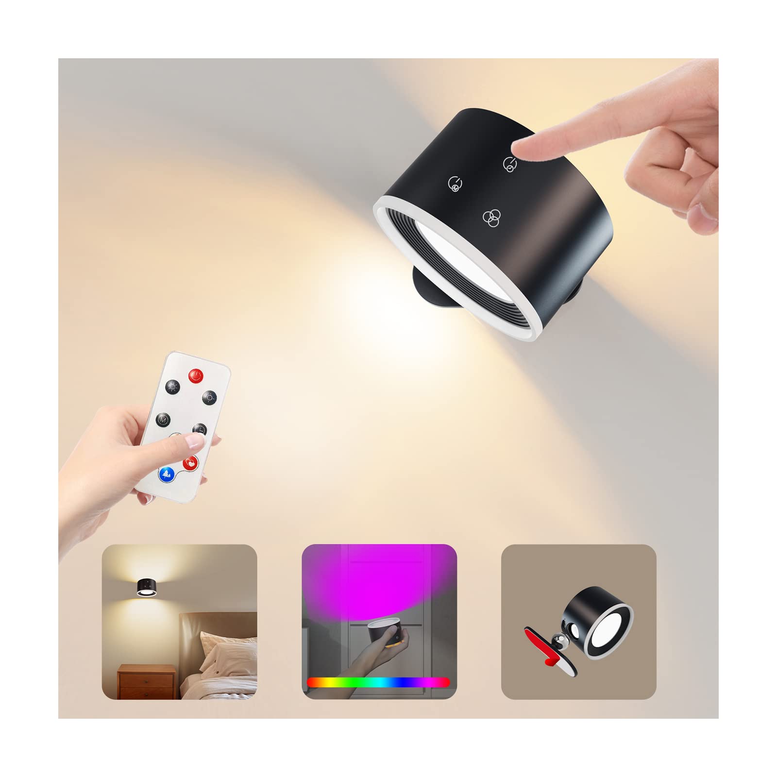 Coollamp Luci da parete a batteria, aplique pared interior con telecomando, 15 luci bianche calde d'ambiente RGB, 4 dimmer, rotazione a 360°, applique ricaricabile per camere da letto lettura