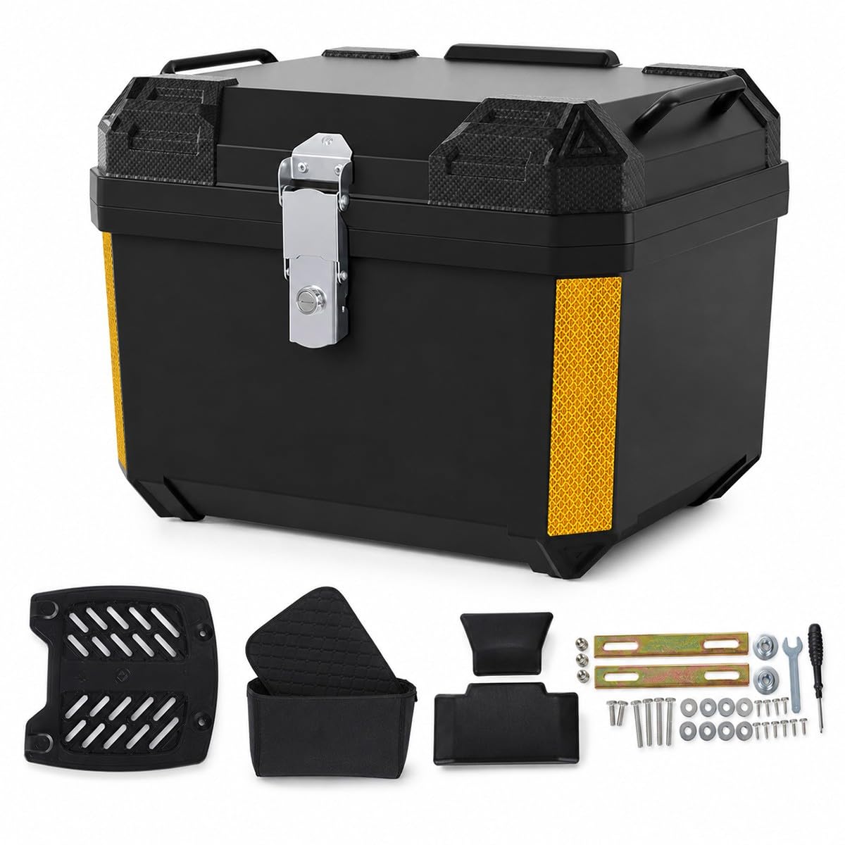 Baannaww Motorcycle Rear Box 48L Top Case43x35x33cm, Large Waterproof Motorcycle Tail Box With Lock, Anti Vibration Base Plate, Foam Liner, Backrest And Mounting Kit For Scooter E Bike