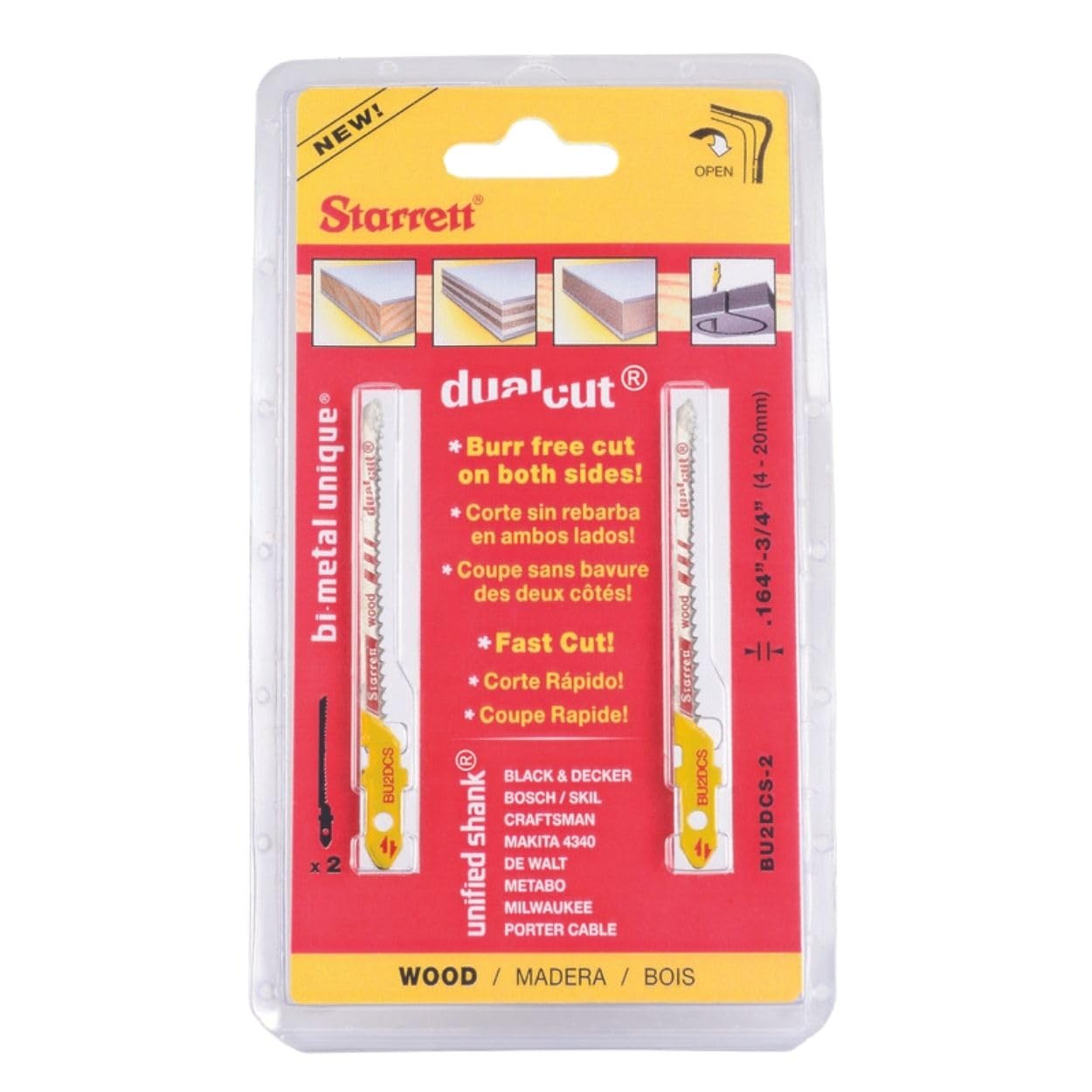 Starrett Bi-Metal Unified Dual Cut-Wood Cutting Jig Saw Blade - 2" Length, 3/16" Width, 050" Thickness, 9-19 TPI, Alternate Set Type - 2-Pack - BU2DCS-2