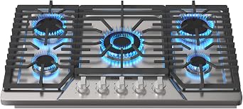 CASAINC 30-Inch Gas Cooktop with 5 High-Power Burners, Built-in 304 Stainless Steel Gas Stove Top, NG/LPG Convertible, Thermocouple Flameout Protection, CSA Certified
