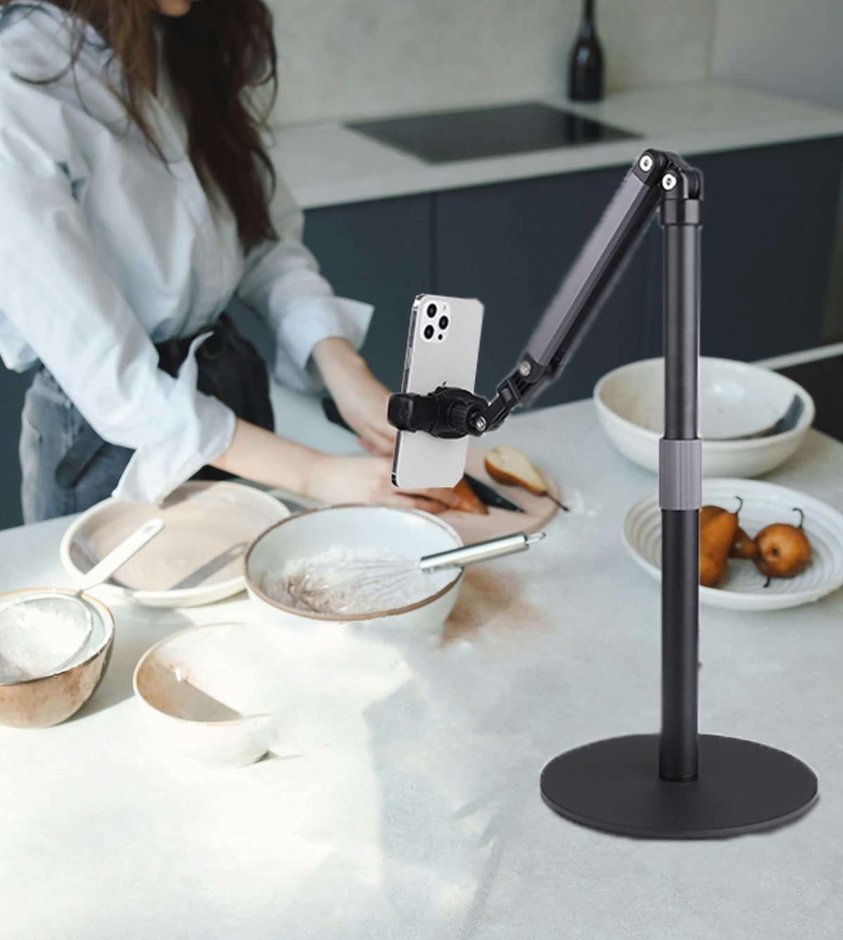 Soporte de teléfono resistente para grabación de video de escritorio para iPhone, con brazo de extensión, giro de 360°, para filmación, reuniones, cocina, pintura y manualidades