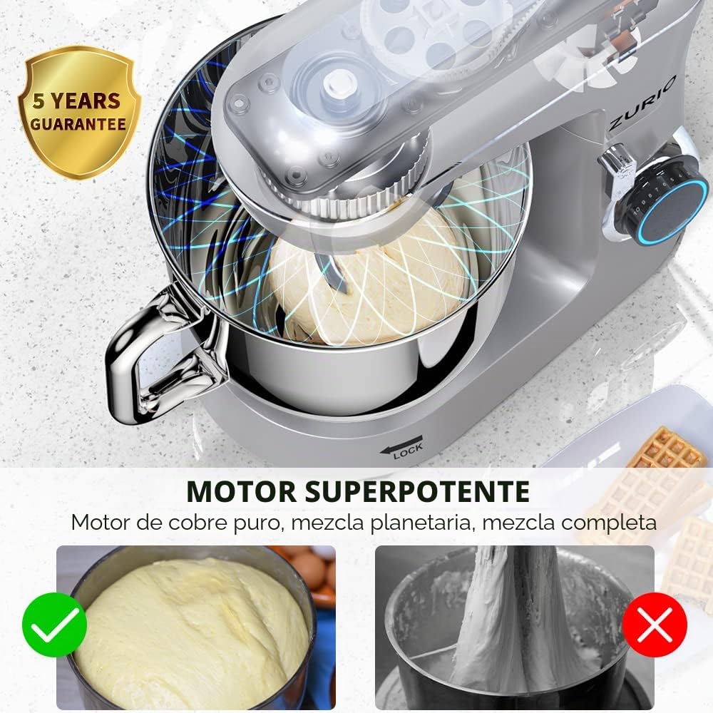 Zurio Batidora Amasadora 1300w, Amasadora de Pan Para Repostería 5.5L, Bol de Acero Inoxidable, Varillas Batidoras, Varillas Amasadoras
