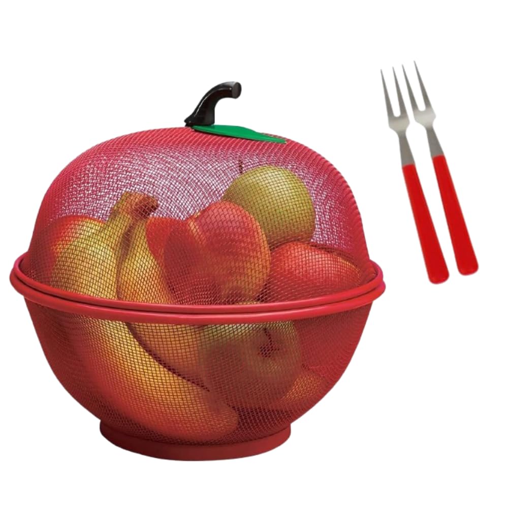 Apple Shape Net Fruits & Vegetables Basket for Kitchen with Net Cover – Red Metal Wire Storage Bowl for Dining Table