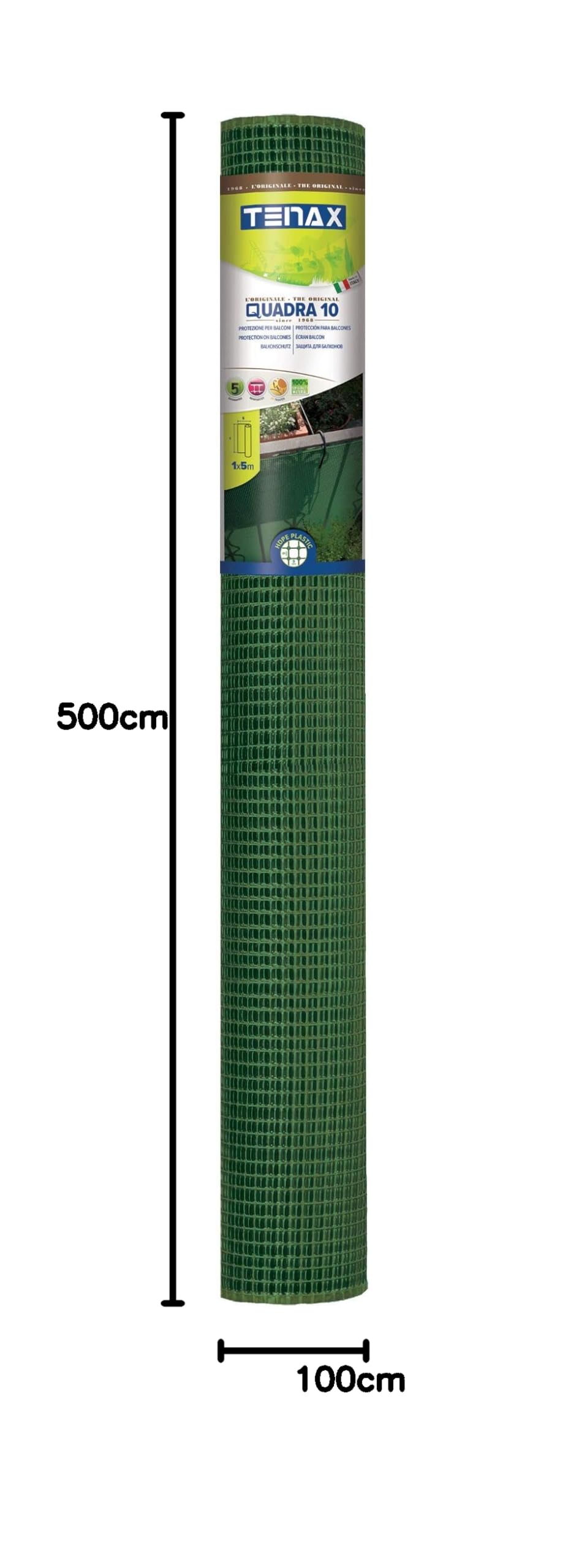 TENAX Quadra 10 Siatka z tworzywa sztucznego zielona 1,00x5 m, wielofunkcyjna siatka ochronna do balkonów, tarasów, bram i ogrodzeń