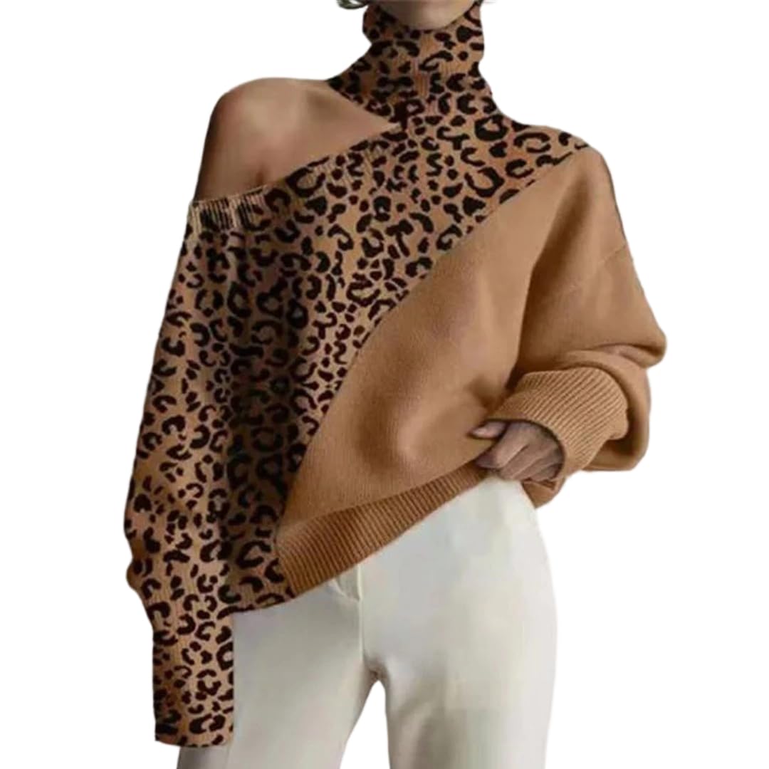 Womens Openwork Autumn and Winter Long-Sleeved high-Neck Pullover Elegant Leopard Print Knit Sweater