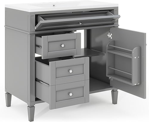 Miniatura 7 de Linique Juego combinado de tocador de baño de 36 pulgadas con lavabo, marco de madera maciza, armario de almacenamiento moderno con 2 cajones y un