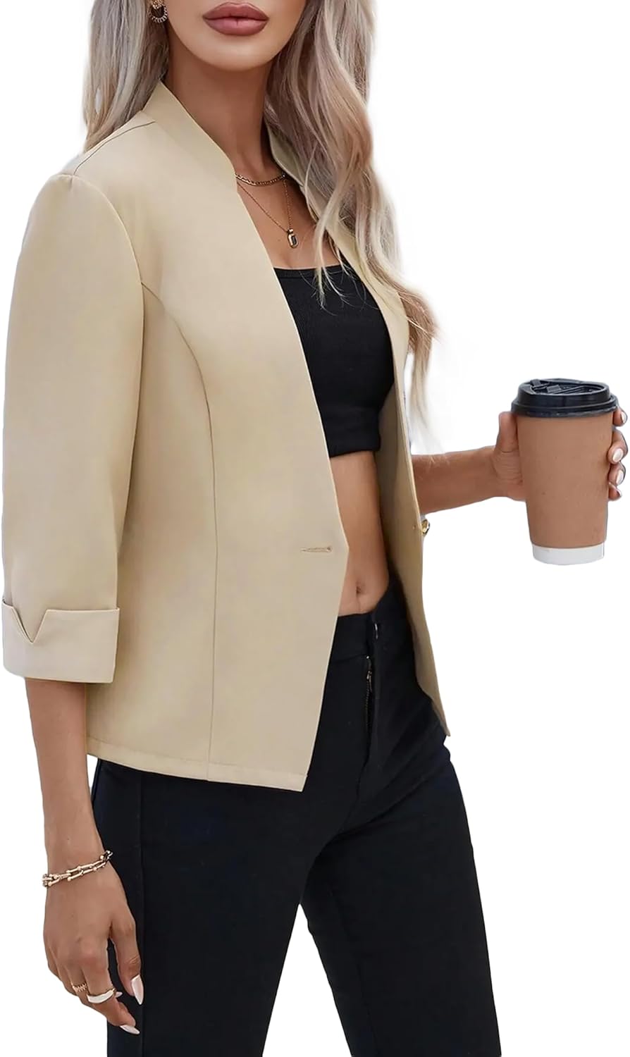 Mina Self 2025 Women's Summer 3/4 Sleeve Blazer Jacket Lightweight Fully-Lined Slim Stand Collar Casual Petite Work Suits - Image 4