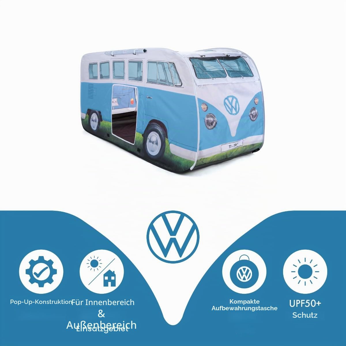 Board Masters - Volkswagen Kinder-Pop-Up-Spiel-Zelt im T1 Bulli Bus Design 165 cm (Bus Front/Blau)