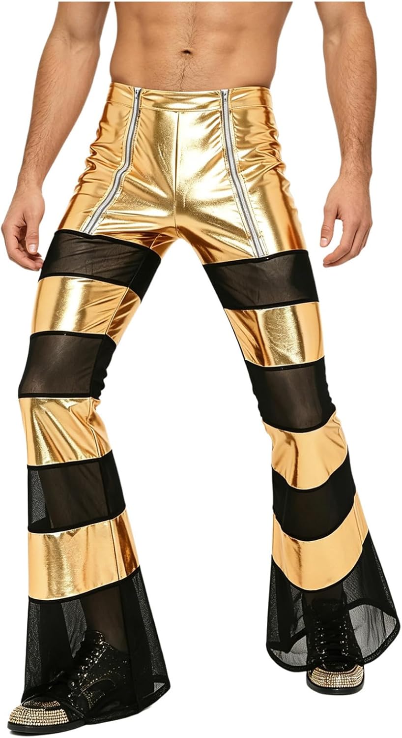 Alvivi 70s Disco Pants for Men Faux Leather Motorcycle Trousers Dance Bottoms Shiny Metallic Party Clubwear