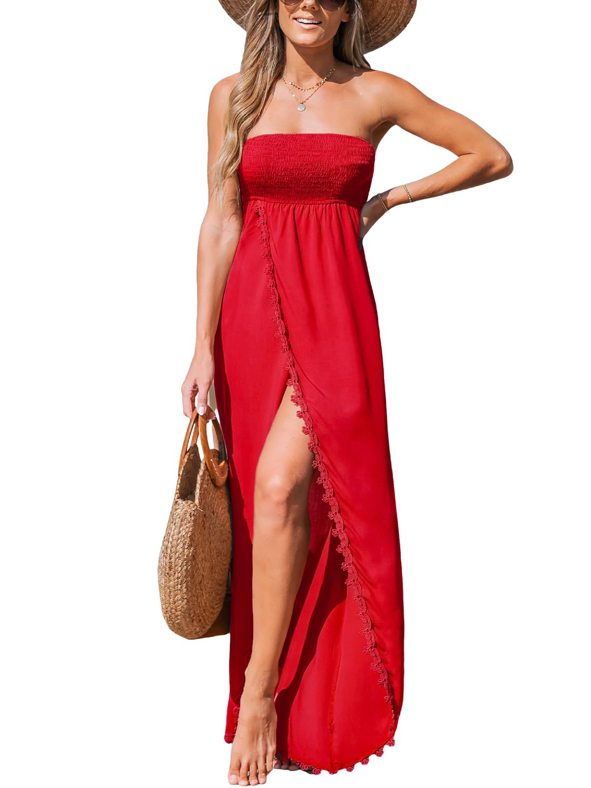 CUPSHE Maxi abiti da donna senza maniche in pizzo casual smock senza spalline fessura lungo estivo formale abito da sole