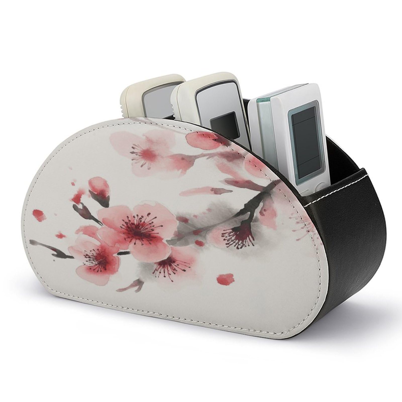 JTREHY Asian Watercolor Pink Cherry Florals Remote Control Holder 5 Compartments Remote Caddy Tray PU Leather TV Remoter Storage Box Bedside Table Storage Organizer Office Desk Storage Case