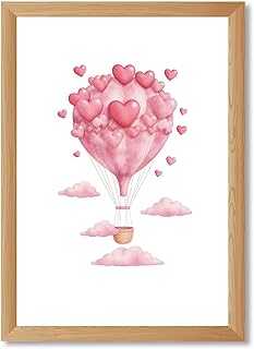 Framed Hot Air Balloon with Hearts Poster Canvas Print Art for Valentine's Day Wall Decor Cute Whimsical Poster Painting Prints Love Themed Art Print for Bedroom Home Decor Pictures Wall Decoration (Wood Framed,12"Lx16"W)