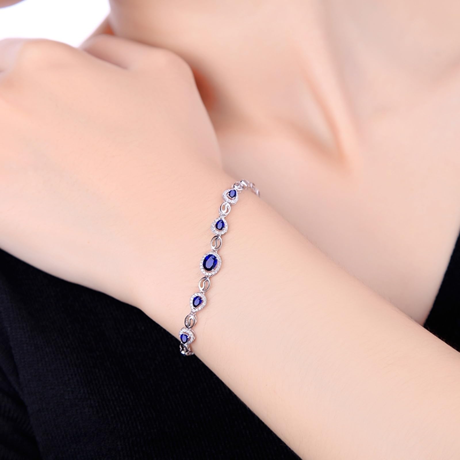 Bracciale Oro Bianco 750/585/375 Donna, Bracciale Zaffiro Donna 1.09ct 16-18 cm Estensione 4 cm con Diamante, Braccialetto Sposa Matrimonio