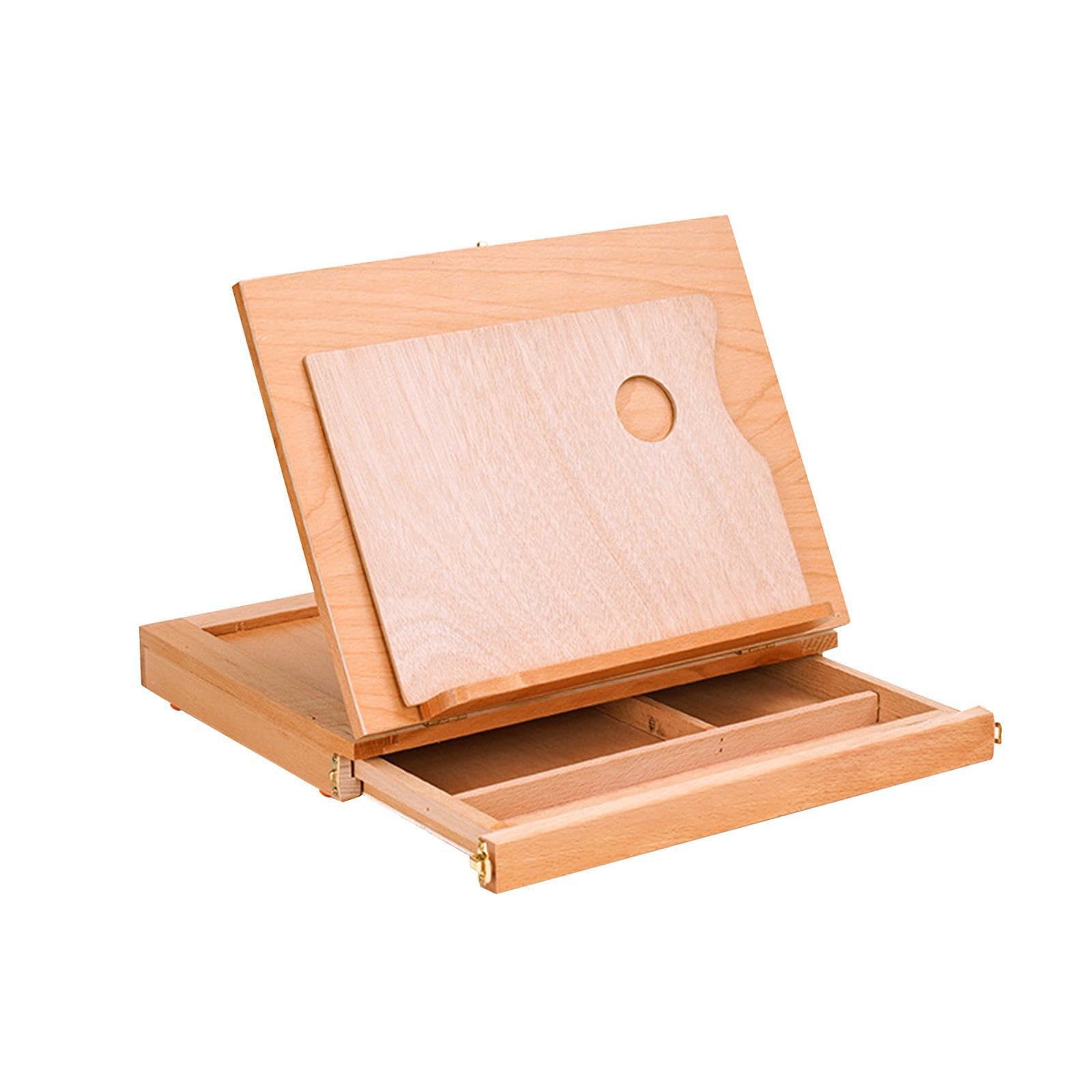 kesurpae Chevalet de table compact en bois, boîte de rangement pour matériel d'art, facile à transporter pour les séances dessin et peinture. Boîte à croquis bureau pliable avec un rebord, Beige, S