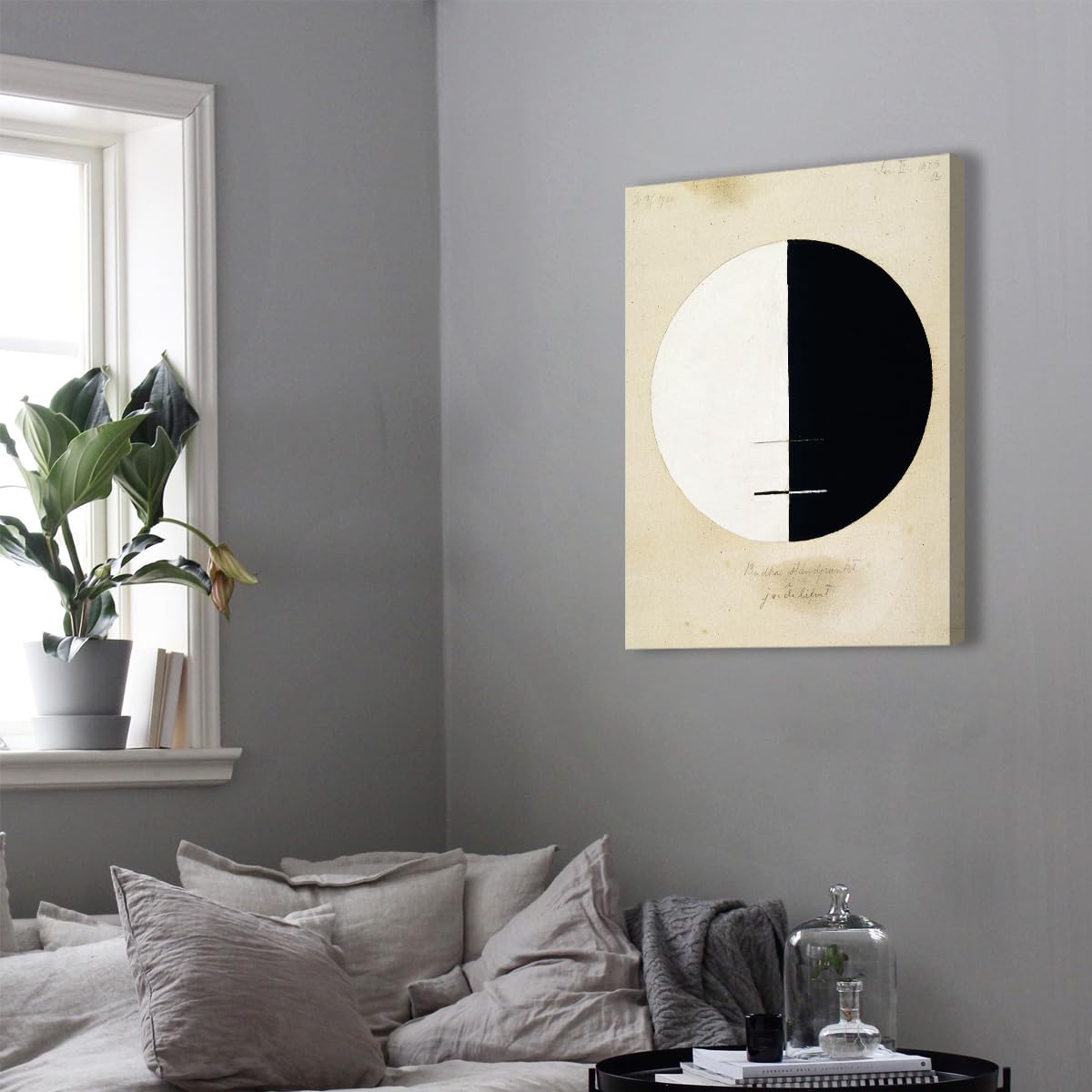 Hilma Af Klint styl abstrakcyjne koło plakat na płótnie czarno-biały sztuka geometryczna nieoprawiona dekoracja na płótnie do salonu, sypialni, gabinetu bez ramy 65 x 85 cm