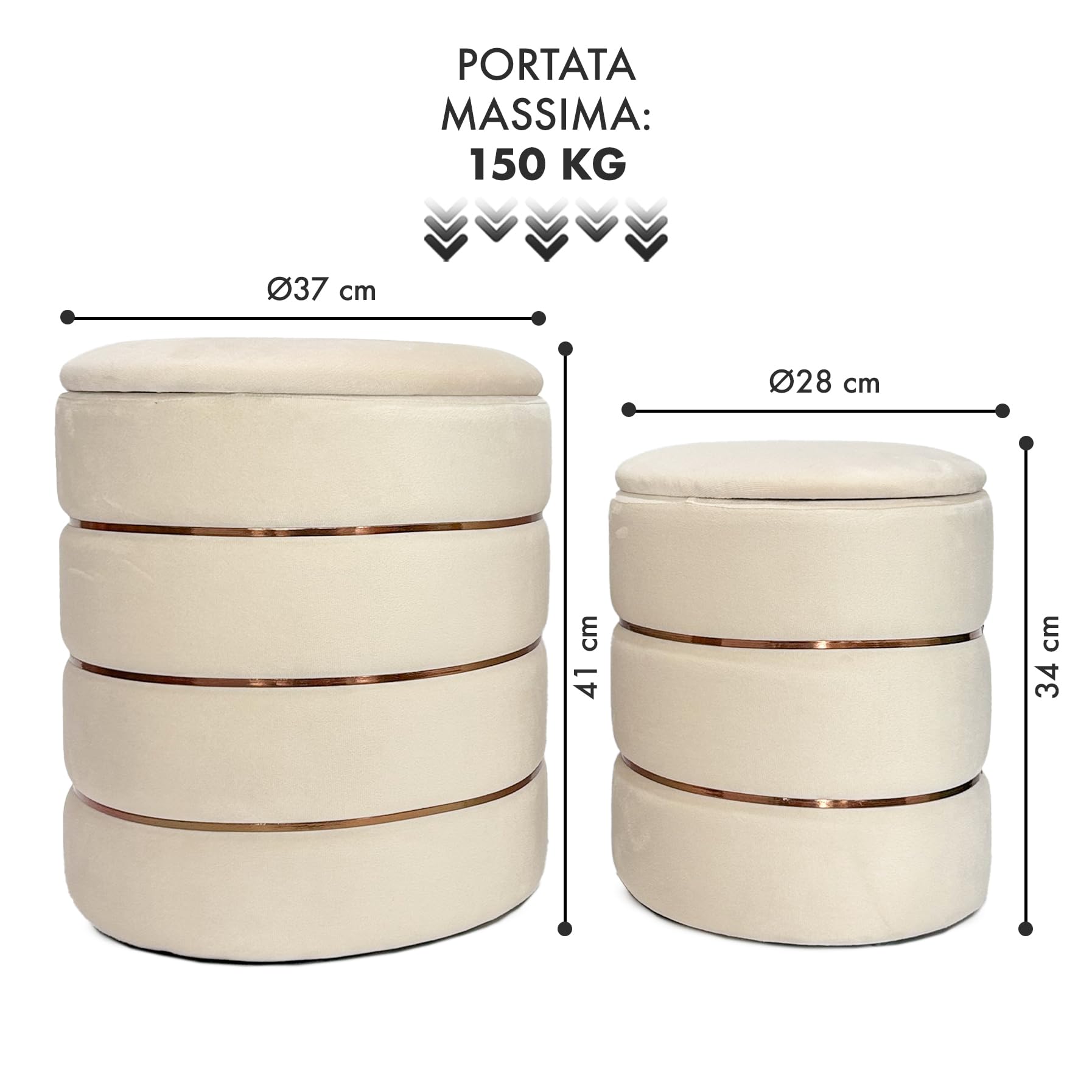 IlGruppone Set 2 Pouf Contenitori in Velluto – Pouf Arredo Moderni Impilabili, Poggiapiedi con Contenitore Salvaspazio, 4 Colori – Grande 37x41 cm, Medio 28x34 cm - Beige