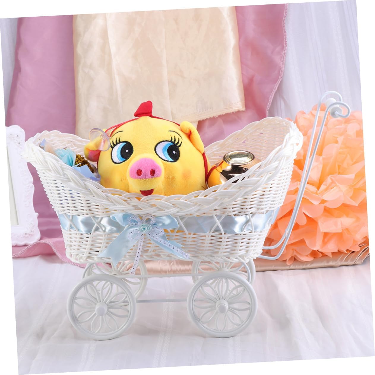 Blue Woven Cane Tricycle Flower Basket Decorative for Wedding Shower Party Birthday Home Decor Gift