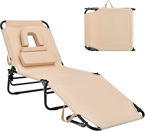 Goplus Silla bronceadora, silla de playa plegable con orificio para la cara, almohada extraíble, capacidad de 350 libras, correa de transporte,