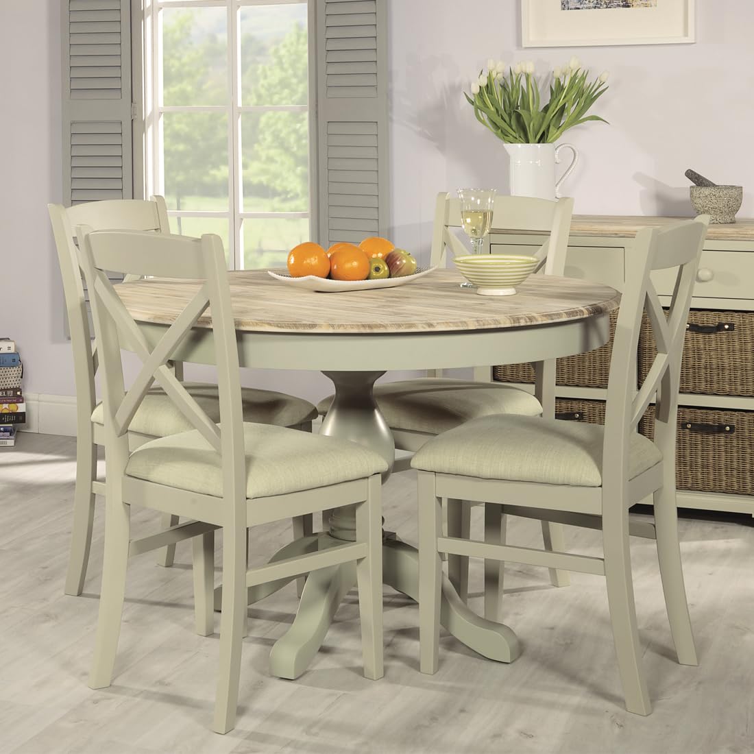 Florence Round Pedestal Dining Table and Chairs Set 120cm Sage Green  Round Kitchen Table with Hidden Drawers and Upholstered Cross Back Chairs 