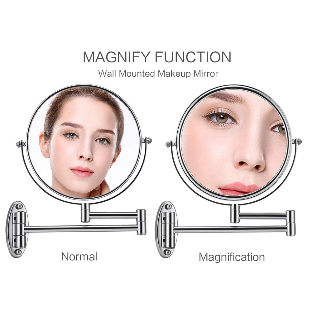 Espejo de maquillaje Montaje en pared, LED iluminado Normal + Aumento 3X Espejo de baño de Doble Cara Giratorio de 360 ° Espejo de belleza plegable de Forma Redonda extensible,Silver_8inch (