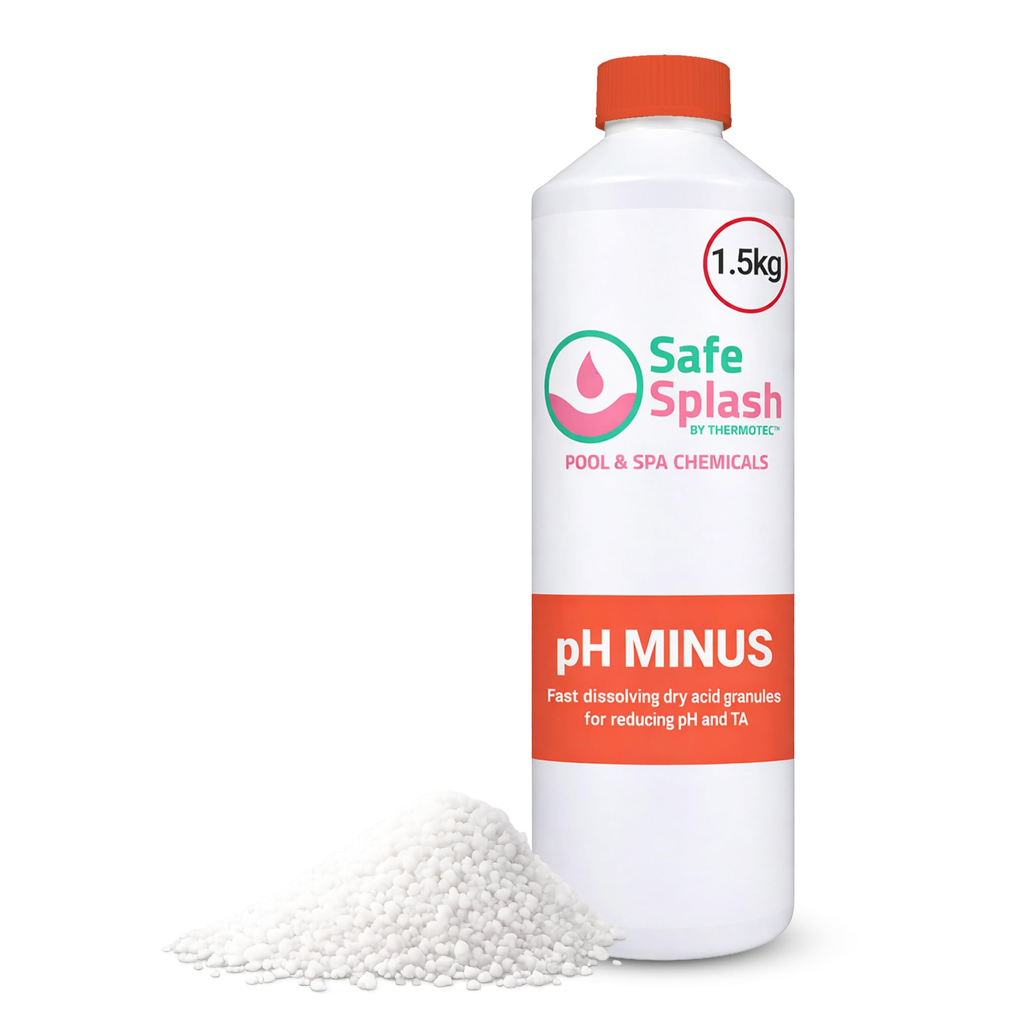 Safe Splash pH Minus 1.5kg Granules – pH Reducer for Hot Tub & Swimming Pool Water, pH Down for Spas, Inflatable & Garden Pools, Easy Dosing for Clear Comfortable Water