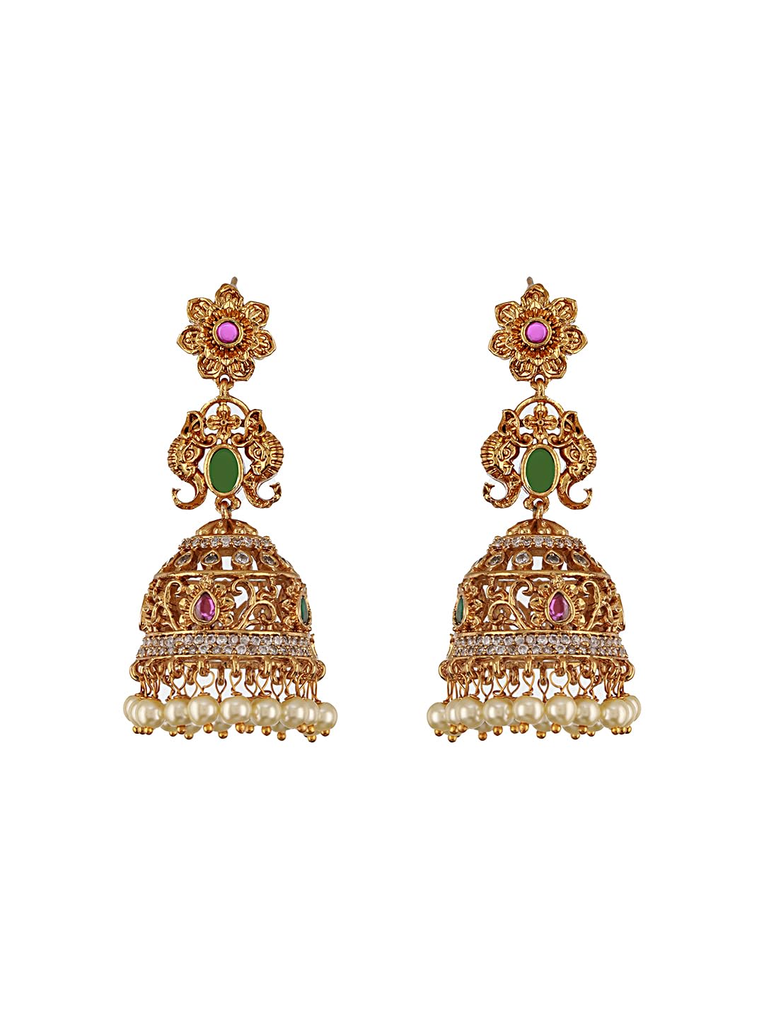 Saraf RS Jewellery-Antique Polish Zircon Studded Pearl Beaded Floral Dangling Earring