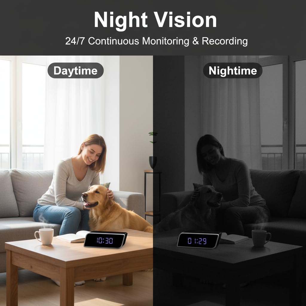 2-in-1 Alarm Clock Camera 4K UHD HD Night Vision 2600mAh WiFi Remote View SD Storage Wireless No Audio