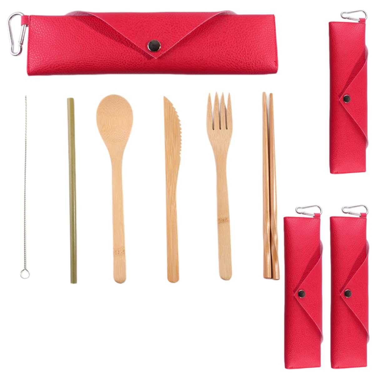 Cucchiai E Forchette Di Legno Set Portatile Di Coltello Bacchette Cannuccia Forchetta E Cucchiaio In Bambù Per Esterni Rosso 4 Set