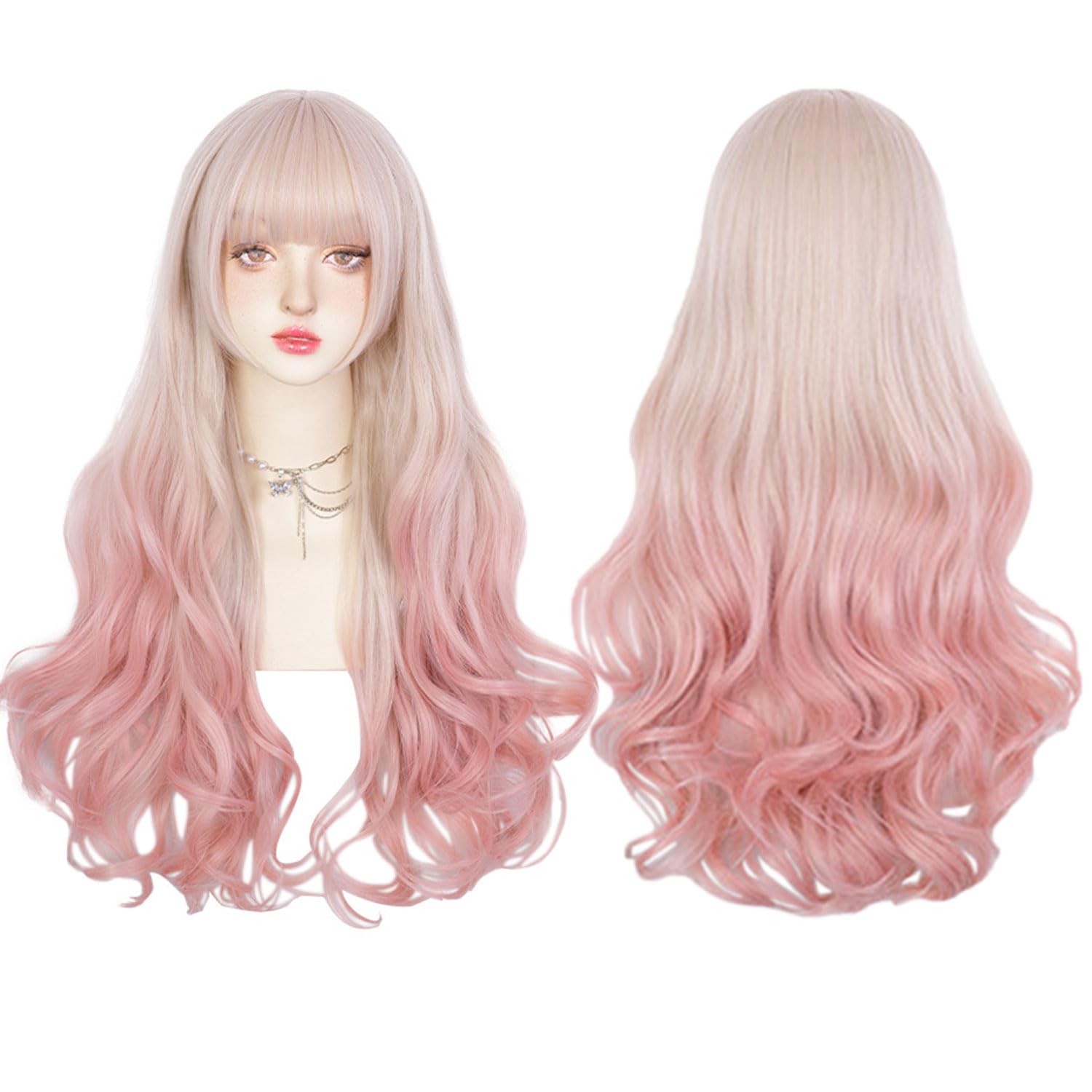 Long Curly Wavy Grey Purple Wig for Women, Cosplay, Lolita: Light Pink