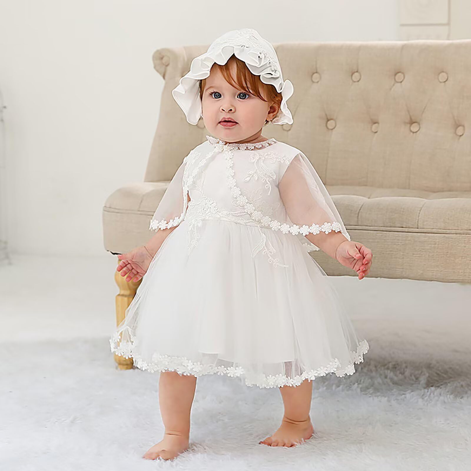 Bebé Niñas Blanco Bautizo Vestido Con Capota Recién Nacido Bautizo Vestido de Encaje para Boda Cumpleaños