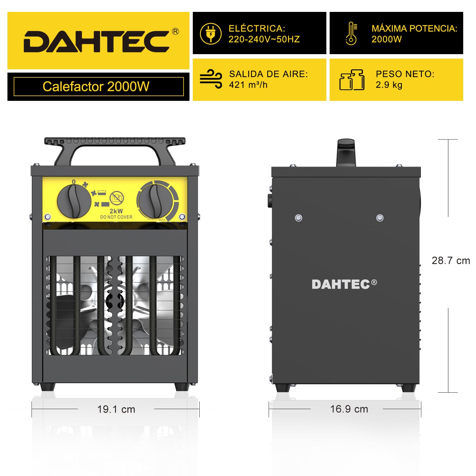 Calefactor Eléctrico 2000W Potenciado - Calentador Portátiles Industriales - Termostato y Protección contra Sobrecalentamiento - Apto para Construcción, Garaje e Invernadero