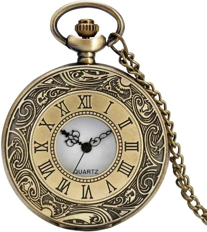 Tiny Tim Vintage Roman Numerals Pocket Watch Keychain – Antique Brass Finish Quartz Timepiece (Roman Number)