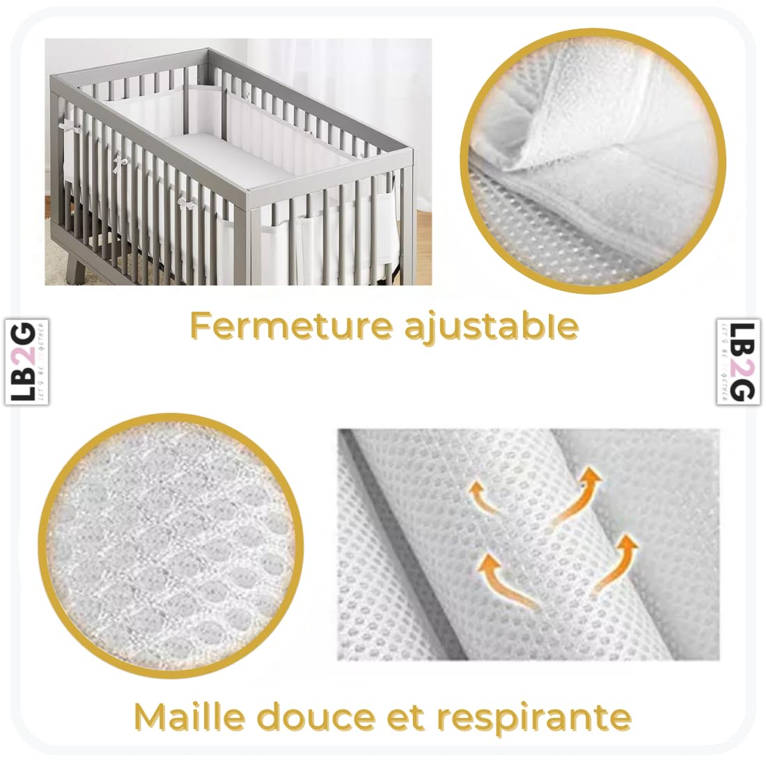 Tour de lit bébé - Contour de lit 3D - Respirant - Anti-allergie et Antistatique (blanc)