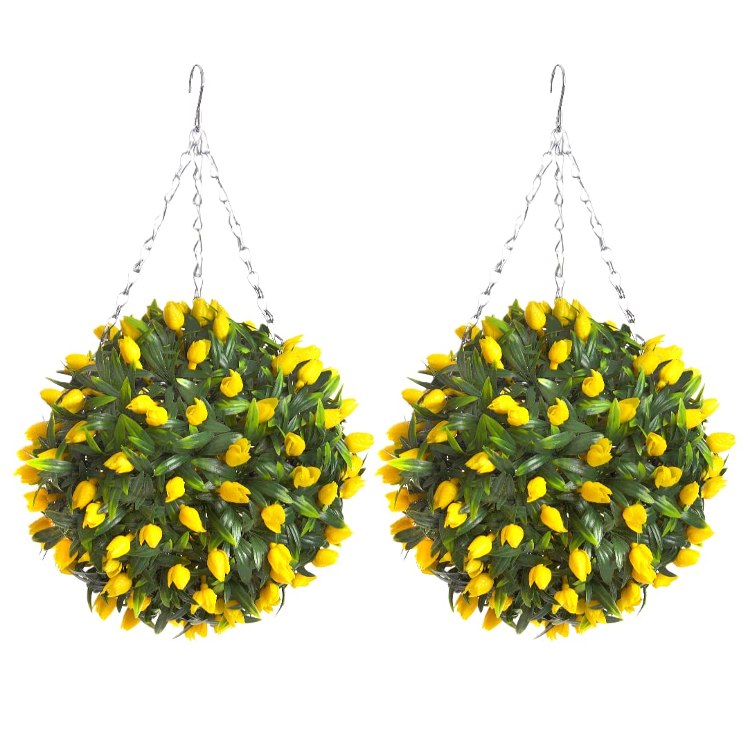 Pair of Best Artificial TULIP Flower Balls Lush Long Leaf Topiary Grass (28cm, Yellow) โ image 1