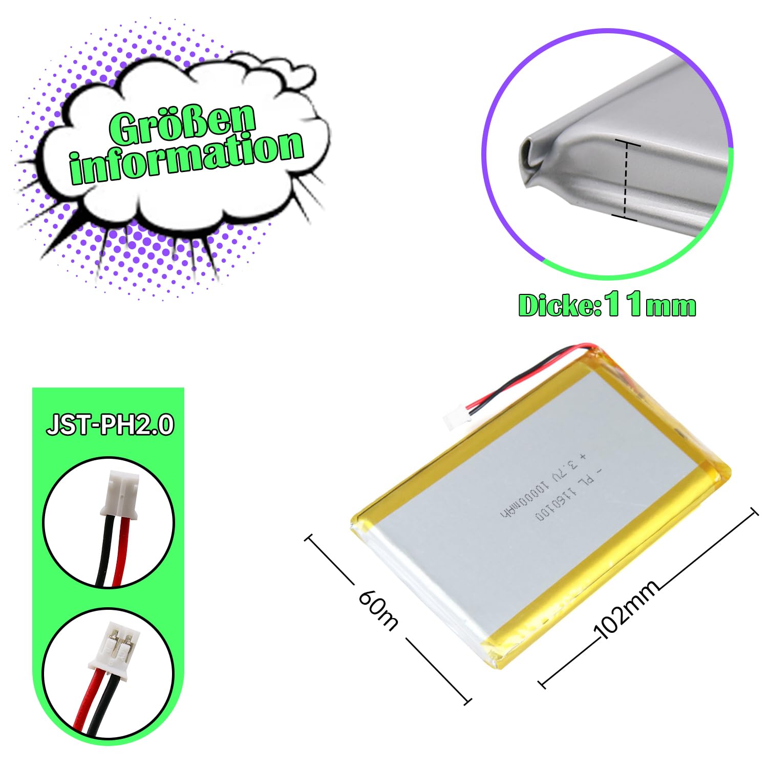 Batteria agli ioni di litio agli ioni di litio da 3,7 V, 10000 mAh, 1160100 mAh, con connettore 2P PH con griglia da 2,0 mm