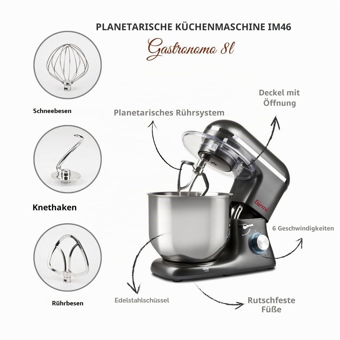 Girmi IM46 Küchenmaschine, 1800 W Max, 8 Liter, 6 Geschwindigkeiten, Pulse, Edelstahlschüssel, Sicherheitsvorrichtung, Zubehör inklusive, Anthrazitgrau