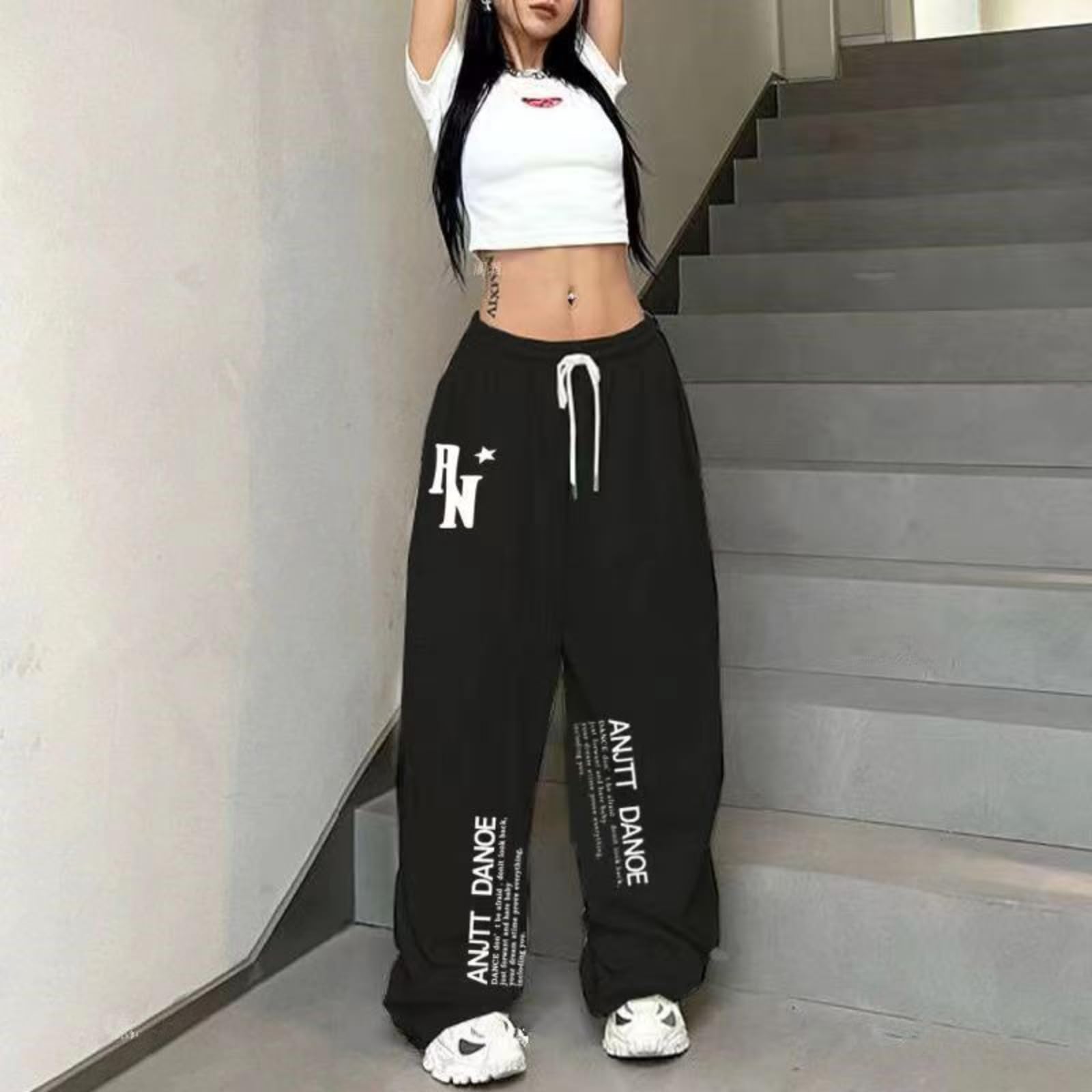 Pantalones De Baile Hip Hop, Pantalones De Cintura Alta con Cordón Y Gráficos, Corte Holgado, Rojo, Blanco, Negro, S-2XL (Black,S)