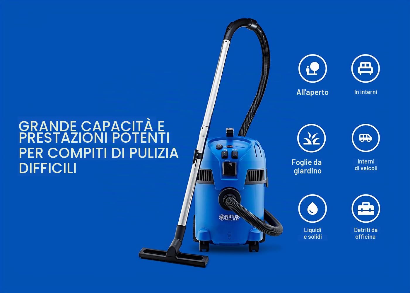 Nilfisk Multi II 22L T Aspiratore Solidi e Liquidi – Per Casa, Giardino e Auto – Funzioni di Aspirazione e Soffiaggio per Interni ed Esterni (1400 W)