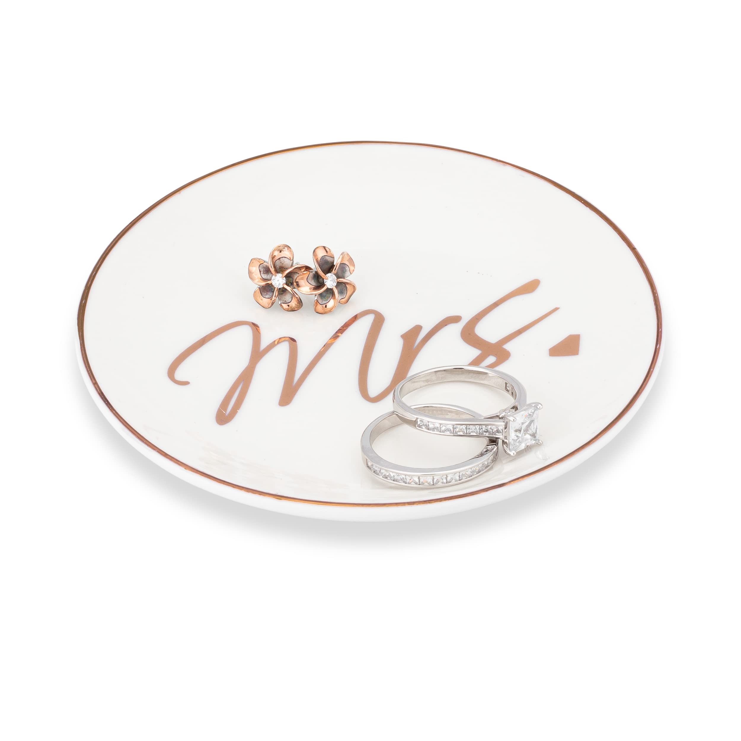 AsherKeep Jewelry Holder - Ceramic Tray Dish, Engagement Ring Holder, Plate Stand with Rose Gold Detail for Rings, Earring & Other Small Accessories, Bedroom Decor for Women Organizer - Mrs Dish