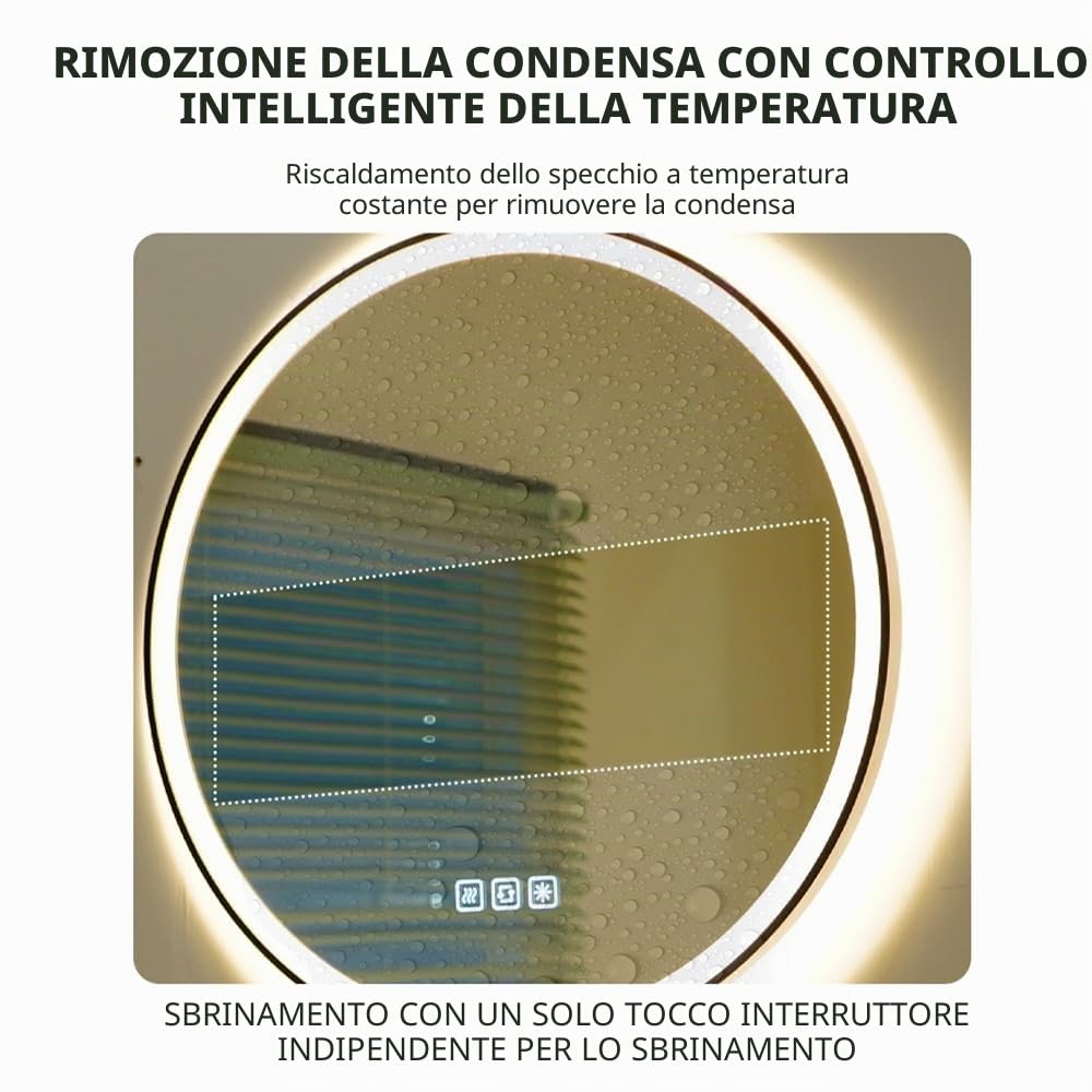 Specchio rotondo LED da 70 cm, specchio da bagno con luce, anti-appannamento, vetro temperato, 3 colori dimmerabili, retroilluminazione frontale e posteriore, CRI90+, pulsante touch