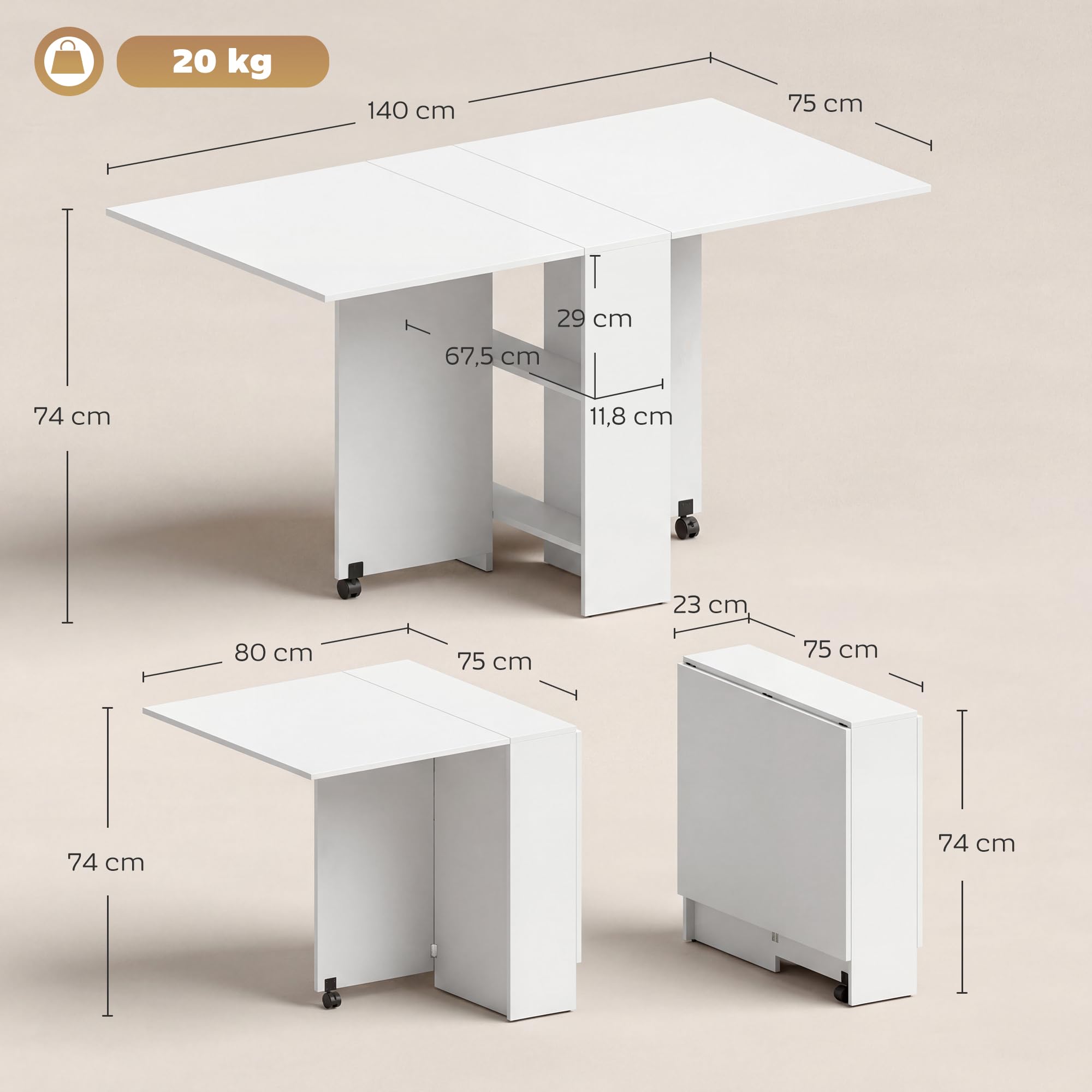 HOMCOM Mesa Plegable de Comedor Mesa de Cocina Plegable con Ruedas Alas Abatibles y Estantes para 4-6 Personas 75x140x74 cm Blanco