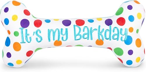Huxley & Kent H&K Squeaky para perros - It's My Barkday Bone (pequeño) - Juguete divertido de cumpleaños para perros - Juguete de felpa para perros