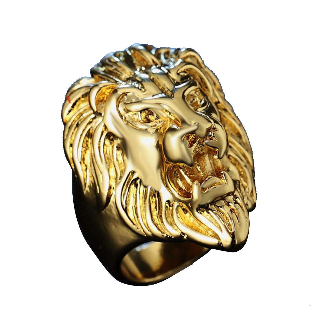 Winsopee Men's Vintage Ring Band Fashion Stainless Steel Gold Lion Head Rings Heavy Metal Rock Punk Style Ring Jewelry