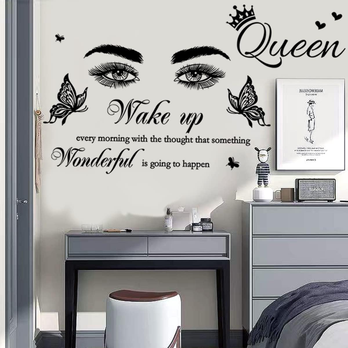 Inspirational Quote Wall Decal Wake up Every Morning with The Thought That Something Wonderful is Going to Happen Vinyl Beauty Eyes Wall Sticker Removable Motivational Art Letters Queen Decals for